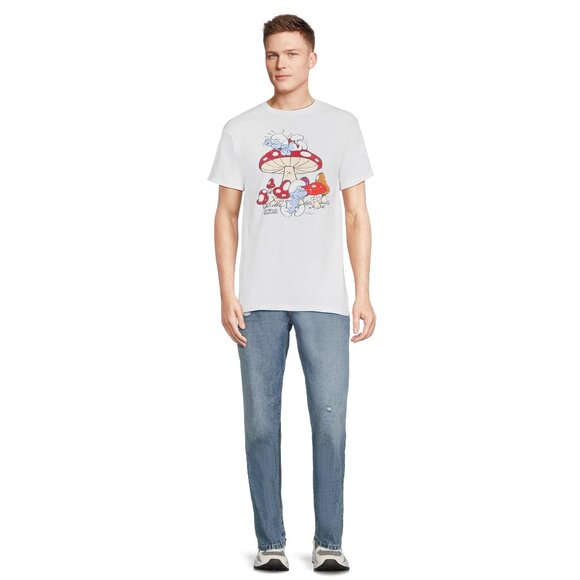 Smurfs Mushrooms Men's Graphic White T-Shirt Red Size 46-48 XL - Picture 4 of 5